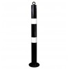 Black 76mm Bolt Down Steel Bollard with Top Chain Eyelet & Reflective White Bands – Heavy Duty Car Park Security Post